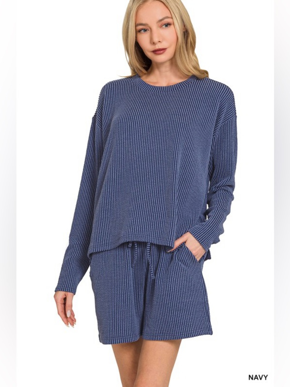 NWT Zenana 2pc Navy Raised Rib Long Sleeve Tee & Shorts Set